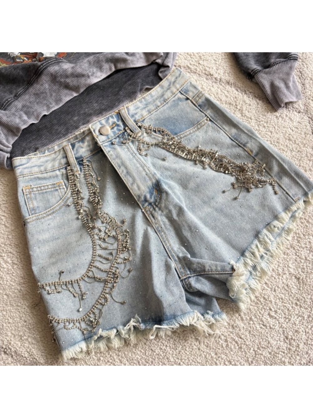 NWT 12th Tribe Rhinestone Fringe Denim Shorts Festival Western Glam Y2K